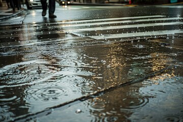 Wall Mural - a person walking down a street in the rain with an umbrella