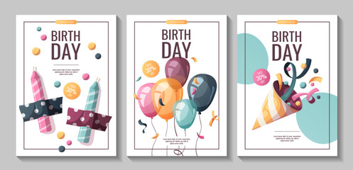 Wall Mural - Birthday flyers with balloons, party hat, candles. Birthday party, celebration, congratulations, invitation concept. Vector illustration. Flyer, banner, promo, advertising.