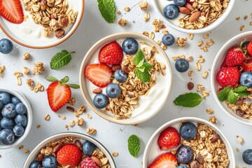 Poster - healthy breakfasts of thoughts, berries, fruits and Greek yogurt on a white background