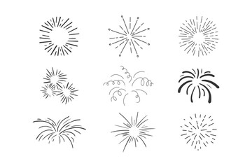 Wall Mural - set fireworks doodle line explosion radial sparkler with rays, hand drawn firecrackers simple and ro
