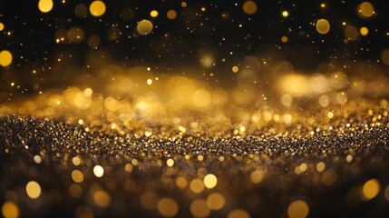 Poster - Dust bokeh glitter awards golden particles shining stars abstract background. Futuristic glitter in space on black.