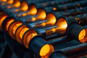 Poster - Intense close up of a factory with a plethora of metal pipes visible, emitting steam and smoke, Gun barrels glowing hot from repeated firing