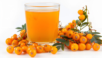 Sea buckthorn juice in a glass is isolated on a white background