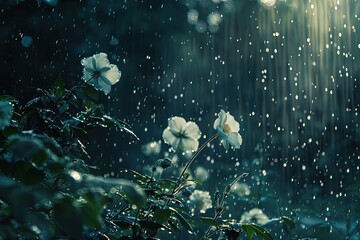 Wall Mural - white flowers in the rain on a sunny day