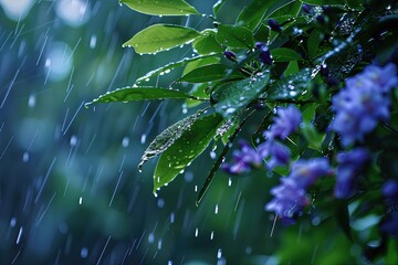 Wall Mural - a bunch of green leaves and purple flowers in the rain