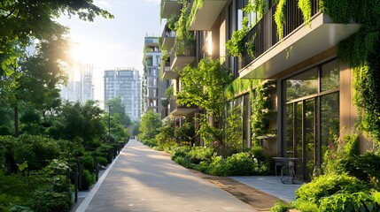 Sustainable urban housing with green tech, representing eco-friendly living