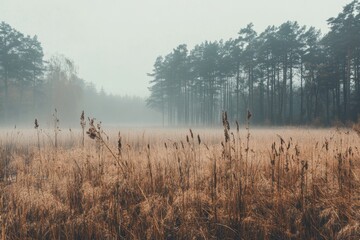 Poster - A mystical pine forest on a cold morning. Shot during early November in Finland. The fog and snow cover the forest. The image is vintage-styled.