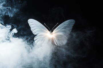 Aufkleber - Adding feathers to a butterfly on a dark background. Magical creature concept with a copy space.