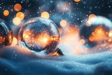 Leinwandbilder - Bokeh effect with transparent ball on snow and blurred fairy lights.