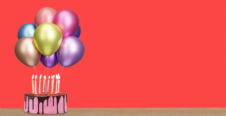Aufkleber - Birthday cake with bunch of shiny colorful balloons on pink background. Empty space for text. 3d rendering