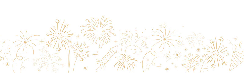 Sticker - fireworks festive explosion golden bursts, sparks in doodle style seamless pattern border. holiday c