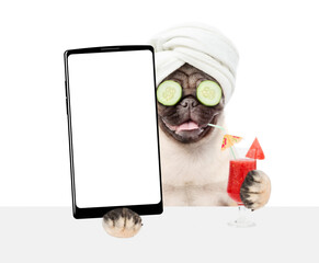 Aufkleber - Funny Pug puppy with towel on it head and with pieces of cucumber on it eyes holds  big smartphone with white blank screen in it paw above blank banner. isolated on white background