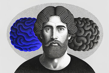 Vintage Bitmap Black And White Portrait Of A Bearded Man Design Illustration Art. Mental State Concept.