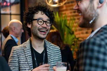 Canvas Print - Happy founders sharing a laugh and enjoying a moment of humor at a networking event, Happy founders chatting animatedly at a networking event