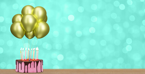 Aufkleber - Birthday cake with bunch of golden or yellow balloons on blurred green background. Empty space for text. 3d rendering