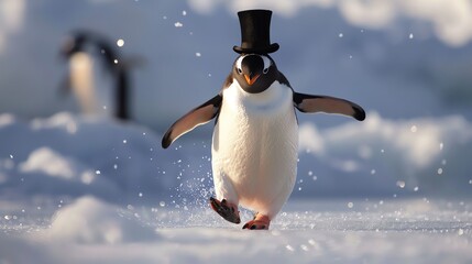 Sticker - A penguin wearing a top hat walks across the snow.