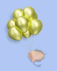 Aufkleber - Childrens hand holding yellow or golden shiny balloons through the hole in blue paper