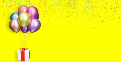Aufkleber - Flying gift box with multicolored shiny balloons on yellow background with confetti. 3d rendering