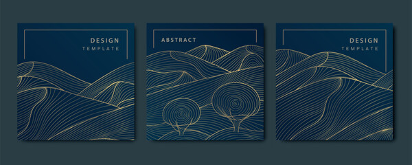 Poster - Vector set of japanese style gold line landscapes with mountains and trees. Luxury abstract nature posters, cards, tags. Traditional vintage illustrations.