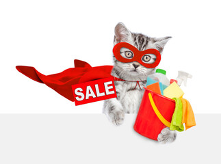 Poster - Cute kitten wearing superhero costume holds bucket with washing fluids and  showing signboard with labeled 