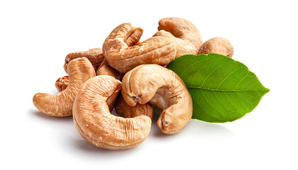 Wall Mural - Roasted Cashew nuts with leaf isolated on white background with clipping path and full depth of field