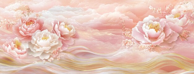 Chinese style background mural, light pink and gold color scheme, waves of peonies blooming on the sea surface