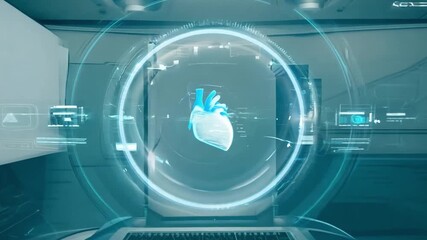 Poster - A high-tech medical lab displays a heart monitor interface at the center, surrounded by various advanced electronic devices and screens.