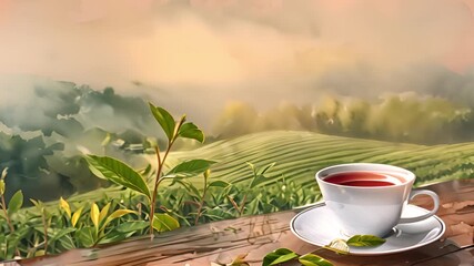 Wall Mural - A watercolor painting of a teacup set on a wooden table amidst the nature of a tea plantation.