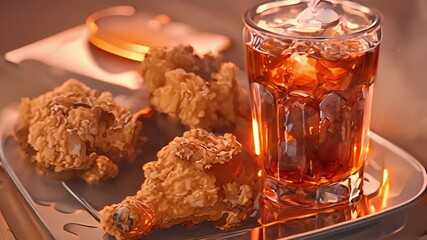 Wall Mural - Watercolor painting of fried chicken and cola glass on paper.