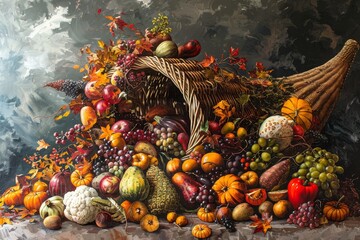 Poster - Cornucopia filled with assorted fruits and vegetables symbolizing abundance and harvest, Harvest cornucopia overflowing with fruits and vegetables