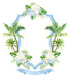 © elwalidesigner - Palm Trees Blue Hydrangea Watercolor Flowers Wedding Crest template PNG. Wedding Design