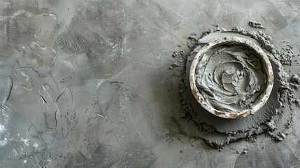 Wall Mural - Gray clay in bowl texture closeup DIY mask and body wrap recipe for natural beauty treatment at spa Overhead view with space