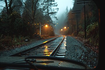 a view of a train track from inside a vehicle