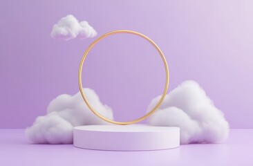 Poster - A gold colored circle is on a white pedestal in front of a cloud