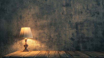 Poster - Lamp on wooden table against concrete grey wall texture