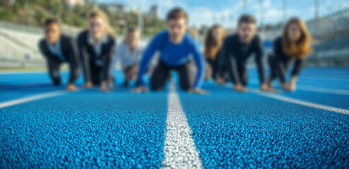 Wall Mural - Business people in starting positions on the track, ready to start the race,	