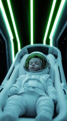 Poster - A baby in a white space suit is sleeping in a space shuttle