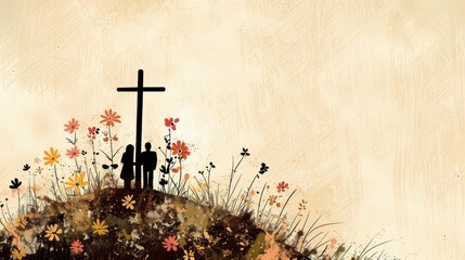 Sticker - Beautiful Christian Cross on Hill with Wildflowers and Beige Background and Copyspace