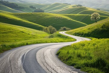 Sticker - a winding road in the middle of a lush green valley