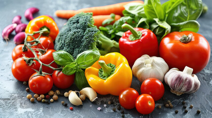 Sticker - Assortment of fresh colorful vegetables, including tomatoes, peppers, broccoli, and garlic, arranged on a dark stone surface.