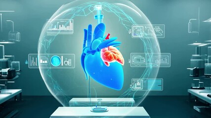 Poster - A virtual model of a human heart is showcased in a cutting-edge medical laboratory, highlighting advanced research and technological innovation.