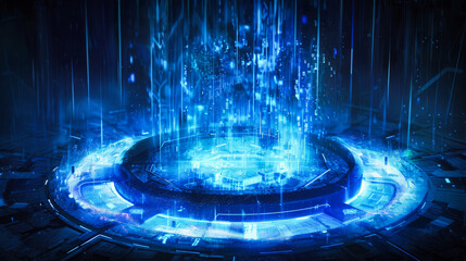 Poster - Digital artwork featuring a futuristic, blue circular platform emanating particles
