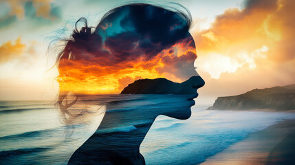 Wall Mural - A double exposure merging the graceful silhouette of a young woman with a serene sunset coast