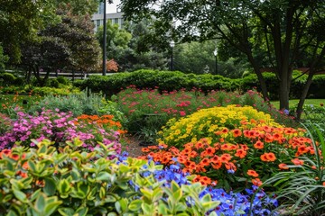 Poster - Colorful flower garden blooms in the heart of a bustling park, adding beauty and vibrancy to the urban landscape, Highlight the vibrant colors of the campus gardens