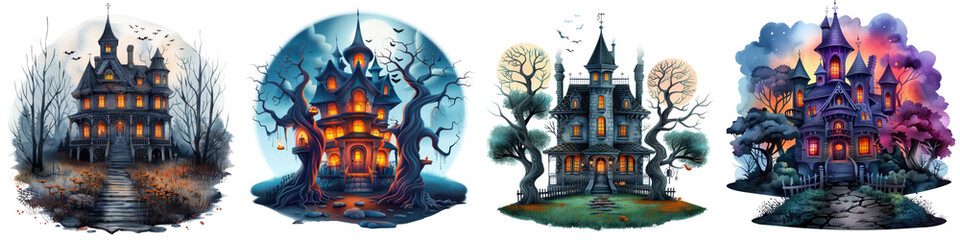 Wall Mural - four different houses with spooky decorations and a creepy atmosphere