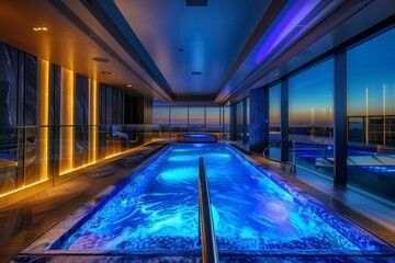 Sticker - A swimming pool overlooking the city skyline at night, High-tech amenities for a modern and luxurious experience