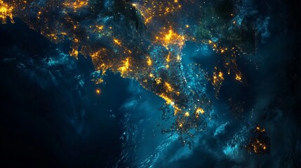 Canvas Print - A satellite photo of Panama at night showcases the vibrant city lights sprawling across the country. This view Panama's strategic position, defined by its control of the Panama Canal