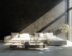 Wall Mural - A white couch is in a room with a black wall and a glass coffee table