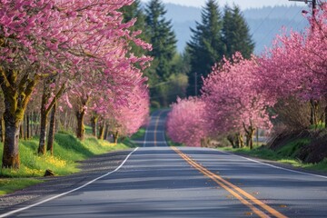 Wall Mural - a road lined with trees with pink flowers