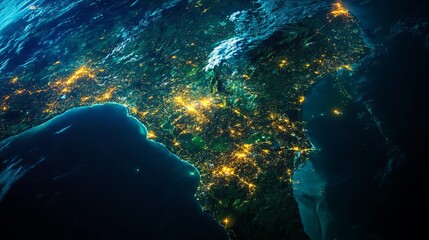 Canvas Print - A satellite photo of Panama at night showcases the vibrant city lights sprawling across the country. This view Panama's strategic position, defined by its control of the Panama Canal